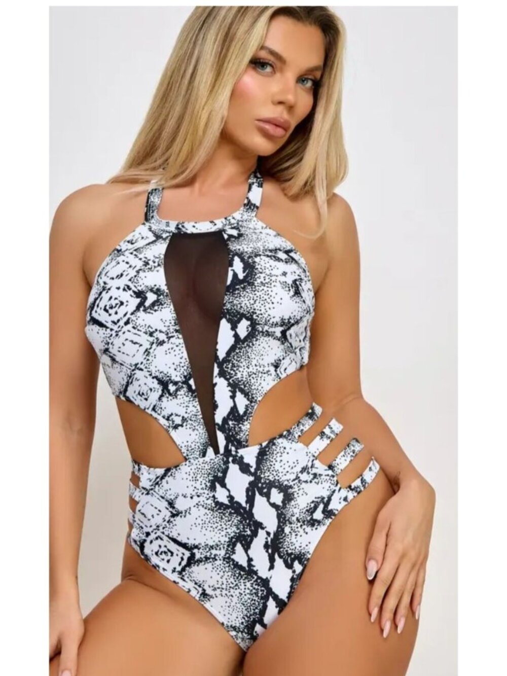 Womens Med Snake Print Halter One-Piece Swimsuit Mesh Panel & Side Straps Sexy